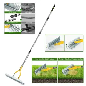 Moss Rake 15 Inch Wide Lawn Moss Rake for Clearing Dead Grass, Stainless Steel Handle, Efficient Metal Lawn Grass Rake, 58.5 Inches Long