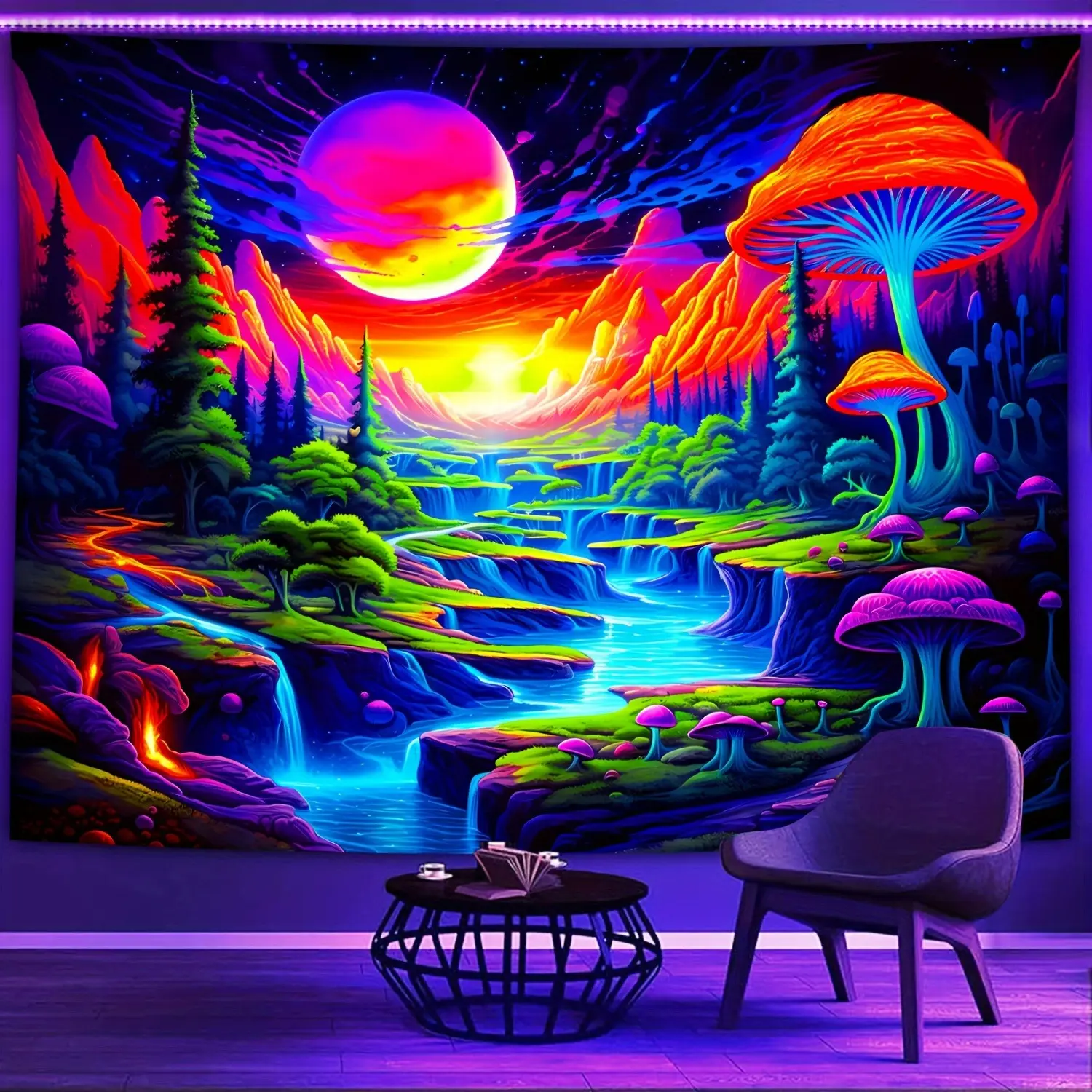 Large-Sized Retro Neon Landscape Fluorescent Tapestry - Decorative No-Installation Wall Decor for Home Living Room, Ideal Gift for Home Supplies Enthusiasts, Print