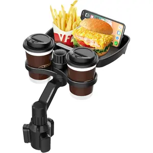 Biupky Car Cup Holder Expander, 4-in-1 Universal Cup Holder Tray Compatible with 2.6" to 3.94", Multi Cup Holders Table with Large Food Tray Phone Mount, for Travel Auto Trucker Road Trip Essentials