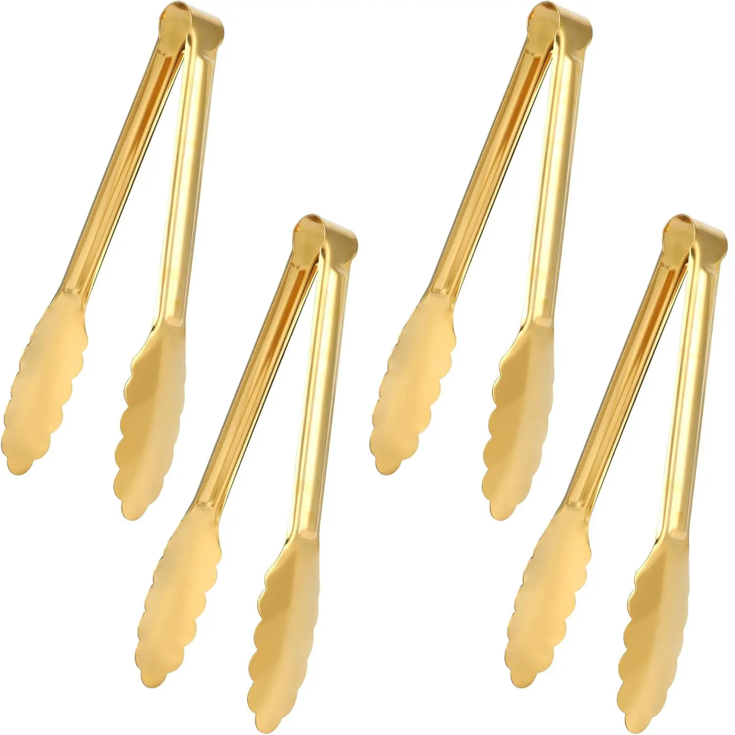 4-Pack Thick Gold-Plated Stainless Steel Serving Tongs, 9-in Smooth Sturdy Reusable Kitchen Utensils for Salad, Steak, Small Food