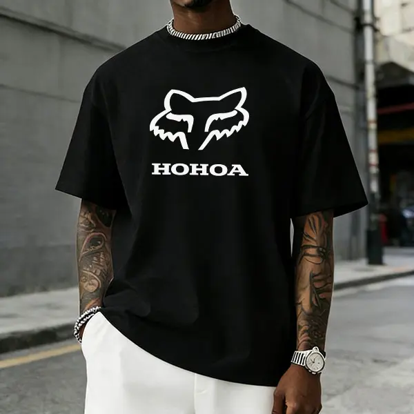 High street streetwear brand fox print short-sleeve T-shirt for men, summer loose casual fit, American street style pure cotton top, versatile basic piece