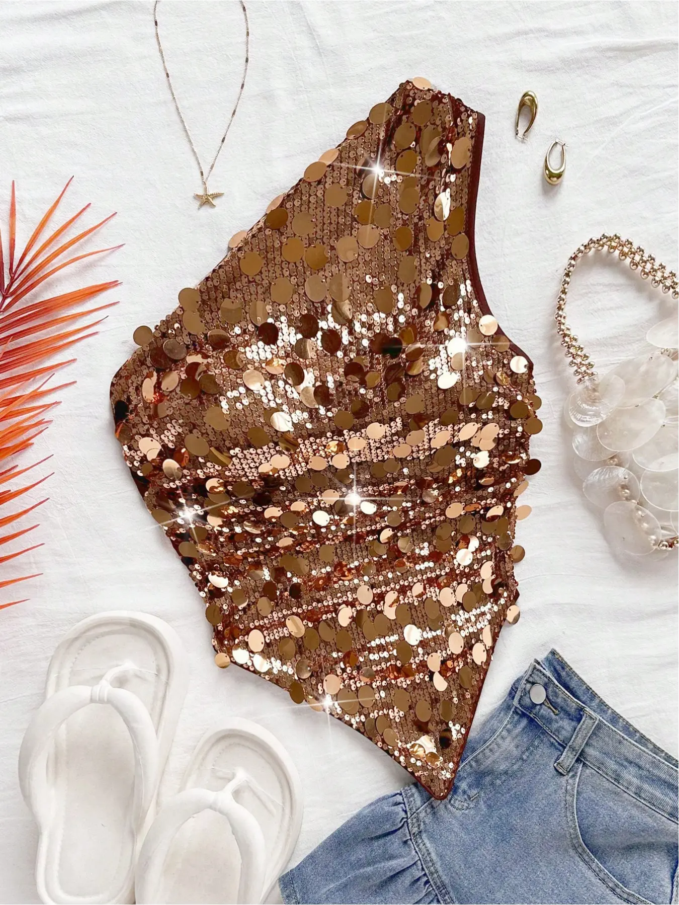 Women's Asymmetrical Sequin One-Shoulder Top, Casual Versatile, Holiday Christmas Festival Party Wear, Fashionable Sparkle Design, Camisole Tops