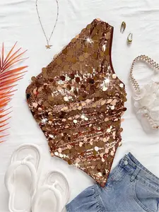 Women's Asymmetrical Sequin One-Shoulder Sleeveless Top, Casual Versatile, Holiday Christmas Festival Party Wear, Fashionable Sparkle Design
