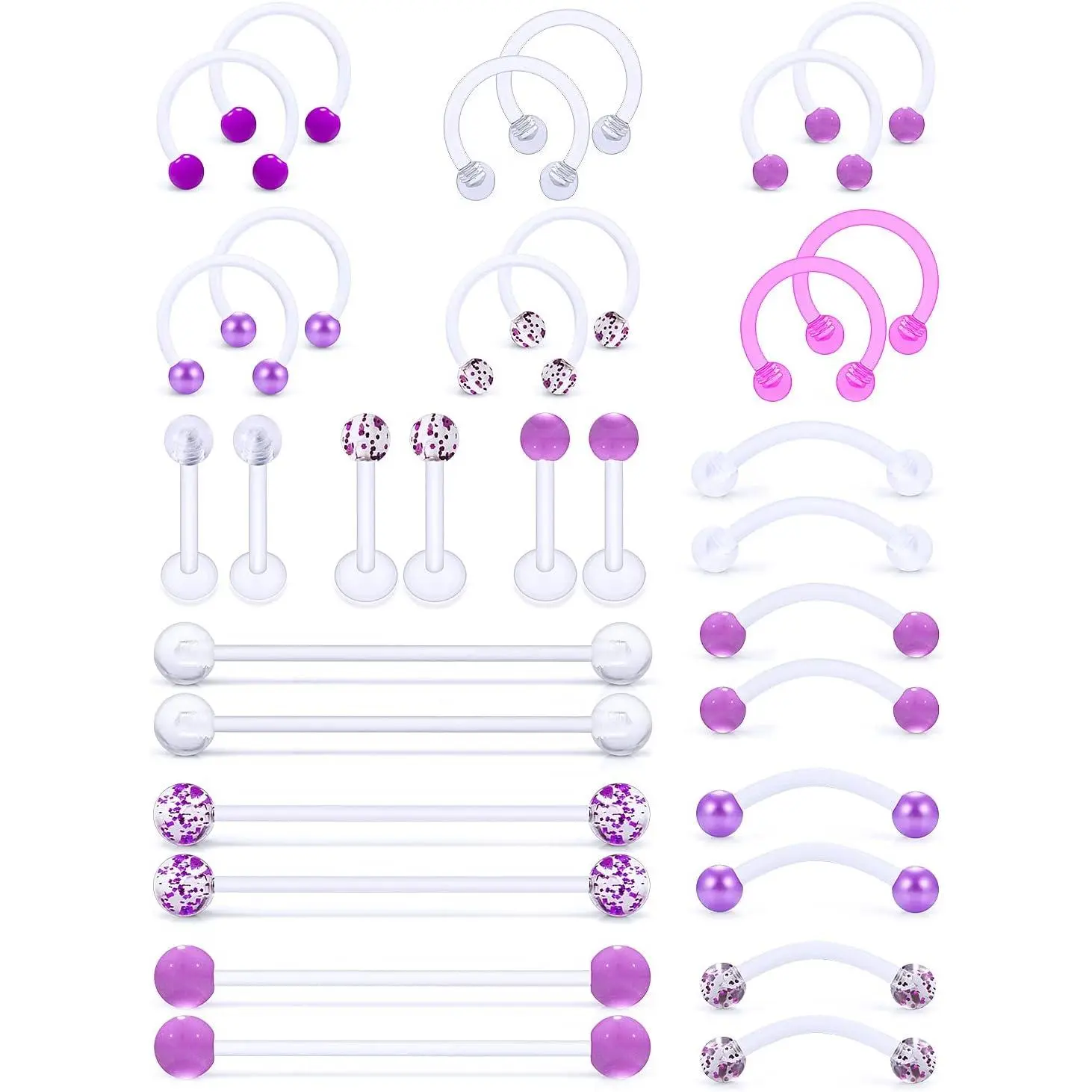 Plastic Body Jewellery Set for Pierced Areas - Clear, Pink, Purple Lip, Septum, Eyebrow, Industrial, Smiley, Cartilage, Helix, Tragus, Daith Earrings, Vertical Labret, Medusa Retainers for Surgery, Work