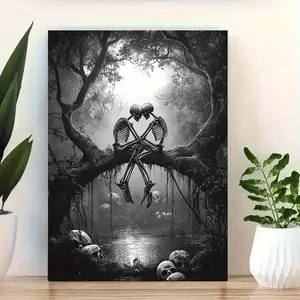 Gothic Love Skull Canvas Art - Solid Wood Frame Black & White Painting, Vintage Embracing Couple, 2D Flat Wall Decor for Living Room, Bedroom, Office - Unique Halloween, Christmas Gift Hanging Print Kit Ornaments