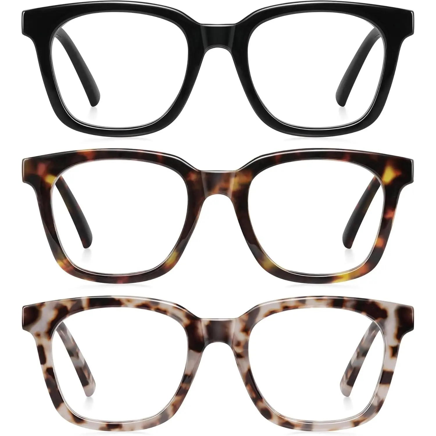 resjok 3-Pack Blue Light Blocking Reading Glasses, Unisex Anti-Glare Magnifying Eyewear with Square Thermoplastic Frames