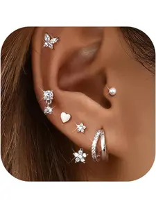 6 Pairs Stud Earrings For Women Trendy Star Heart Cubic Zirconia Triple Earrings Stack Set Silver/Gold Stud Earrings Small Hoop Earrings Set For Multiple Piercings Earring Stacking Set
