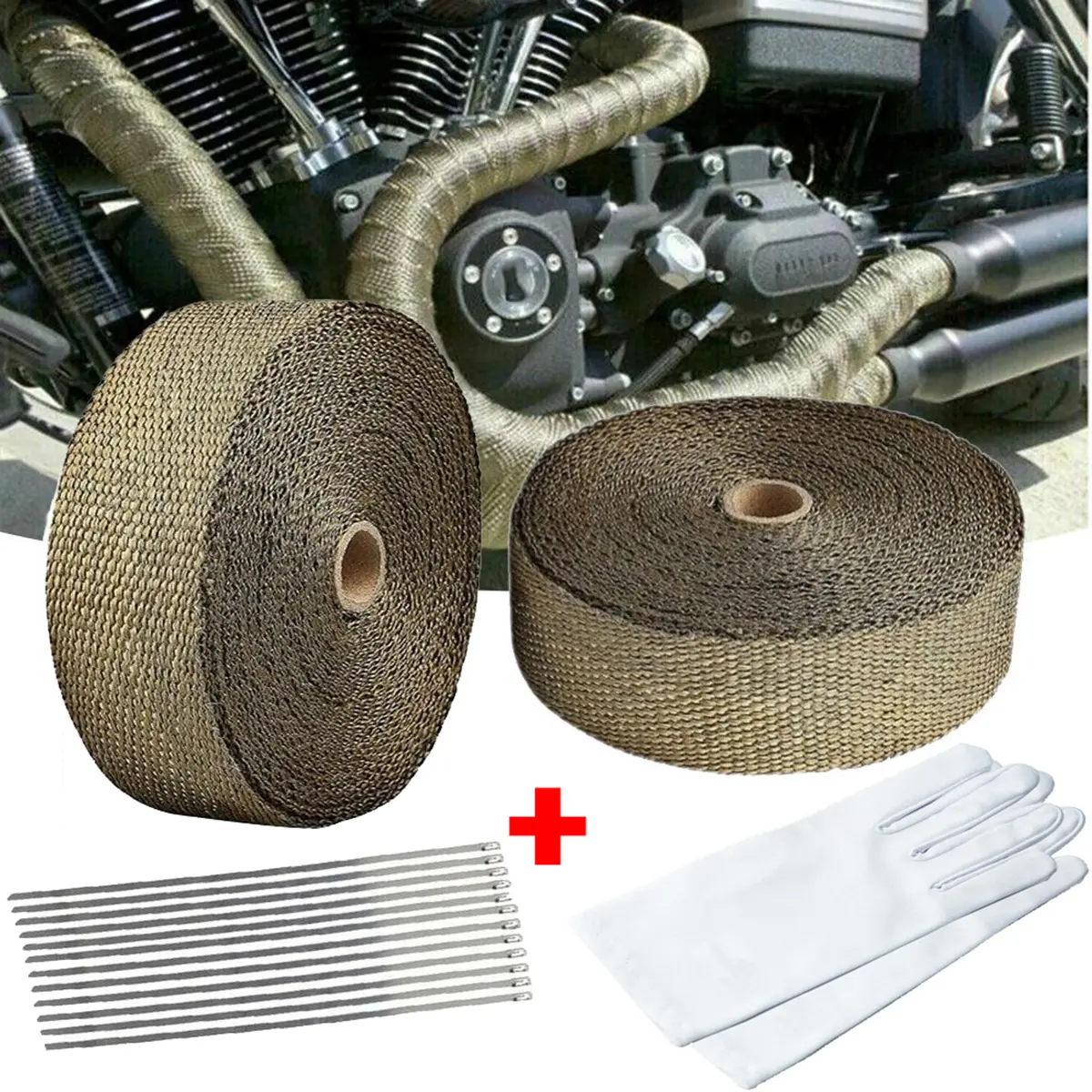 Titanium Exhaust Heat Wrap Tape Kit, 2-In x 50FT (2 Rolls) with Universal Fit for Cars & Motorcycles, Includes Gloves + 24 Stainless Steel Ties
