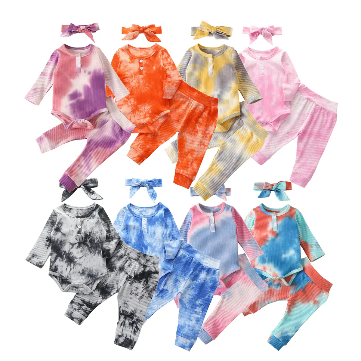 Ma&Baby Newborn Baby Boy Girl Fall Clothes Long Sleeve Tie Dye Romper Top Pants Headband 3Pcs Outfits Pajamas Set