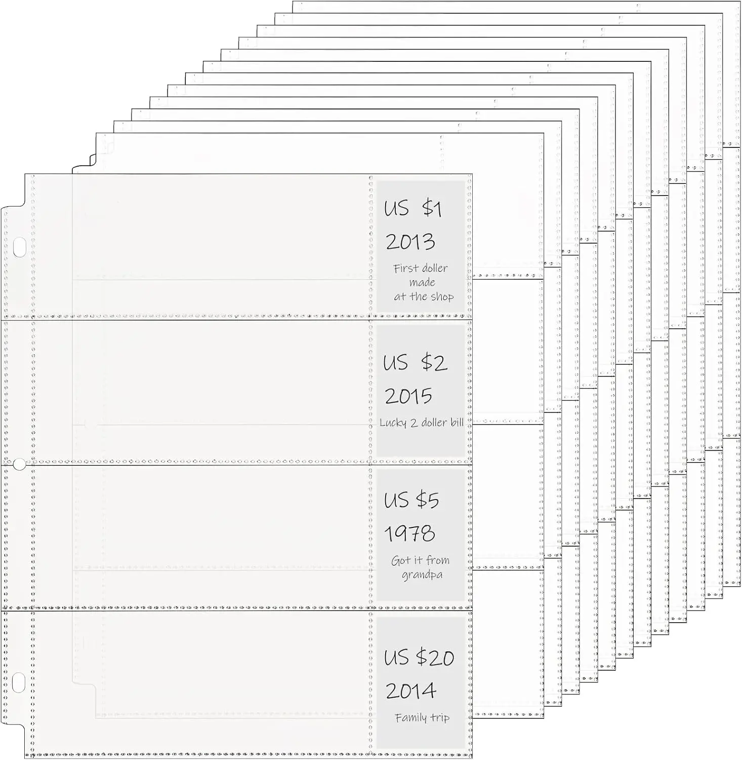 Chengu 24 Pcs 4 Pocket Currency Sleeves for 3 Ring Binder Clear Currency Album Bill Sleeves Holders Collection Binder Plastic Sheet Protectors for Bill Dollar Collectors Receipts Record Card Banknote