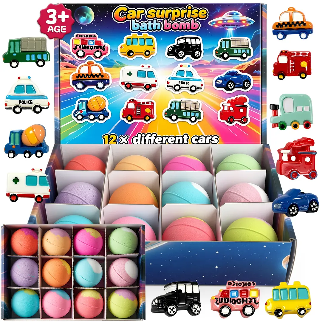 2026 New Unisex Mini Car Surprise Bath Bombs for Kids - 12-Pack Natural Bright Fragrance Fizzy Daily Gift Set with Hidden Vehicle Toys Inside