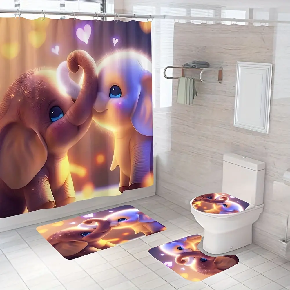 HOT Elephant Delight 4-Piece Bathroom Set: Waterproof Shower Curtain  Non-Slip Mat/Rug  Easy-Maintenance Bath Decor (180x180cm)