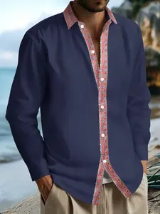 Men's Geometric Embroidered Shirt, Cotton Linen Texture, Loose Fit, Spring Summer Fashion, Casual Vacation Commute Top