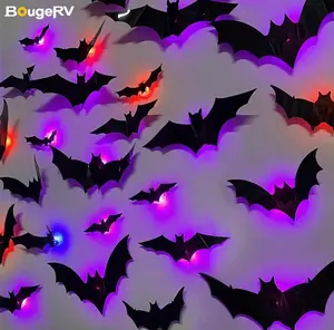 BougeRV 3D Bat Light Design LED Decorations 12pcs/24pcs Set Spooky Ornaments for Home Party Festival Halloween Easy Install Wall Stickers Smooth Application - Decorative(Non-remote)