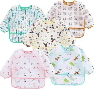 5 Pack Long Sleeve Bibs| Waterproof Full Bib with Sleeves for Babies Infant Toddler 6-24 Months| Mess Proof Baby Smock for Eating| Baby Apron for Feeding