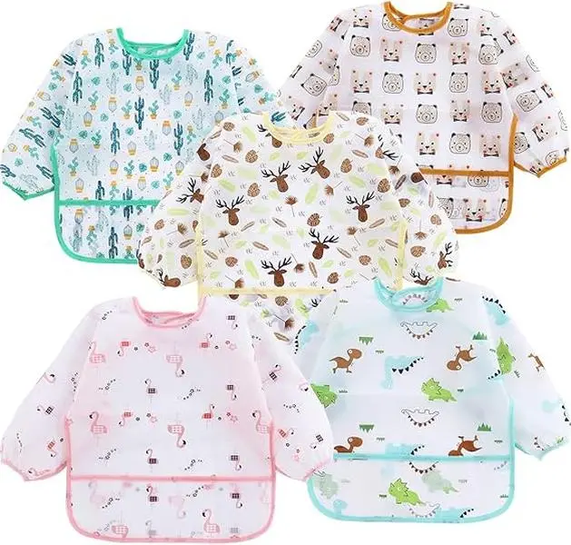 5 Pack Long Sleeve Bibs| Waterproof Full Bib with Sleeves for Babies Infant Toddler 6-24 Months| Mess Proof Baby Smock for Eating| Baby Apron for Feeding