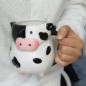 Handmade Cow Ceramic Cup with Cow Pattern and Ears, Cute Horns and Hooves Design, Large Capacity 20oz Gift Cup