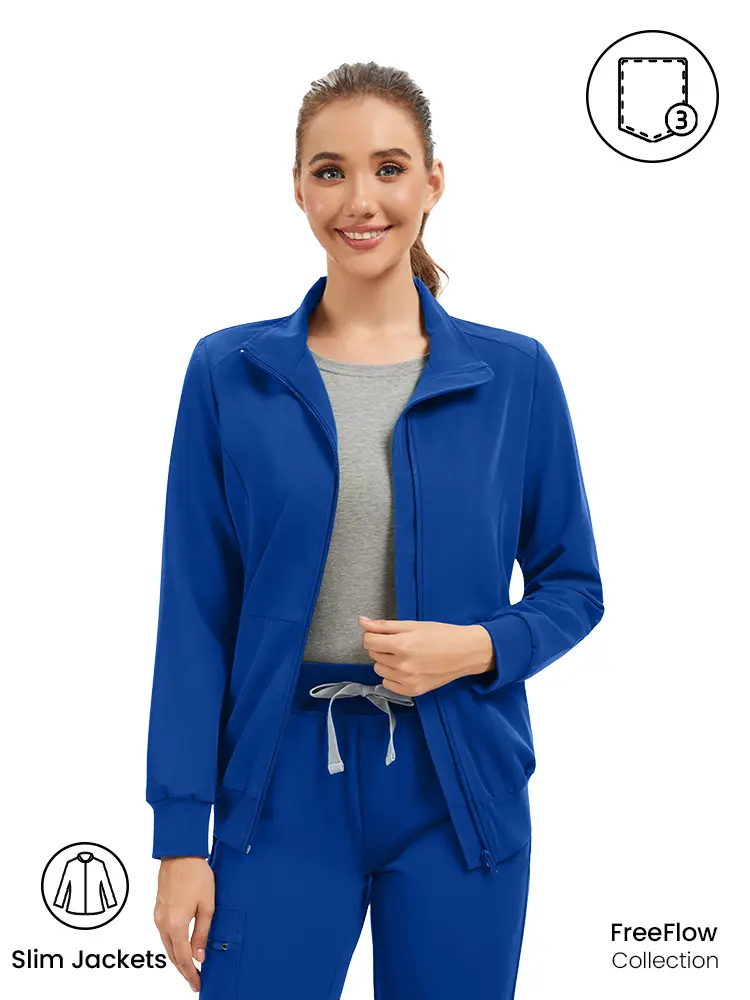 KITMAZ Women's Scrubs Jackets - Long Sleeve Zip Front Lightweight Polyester Blend Stretch Work Uniforms with Fitted Cut, 3 Pockets, Color-Sorted Wash Compatible