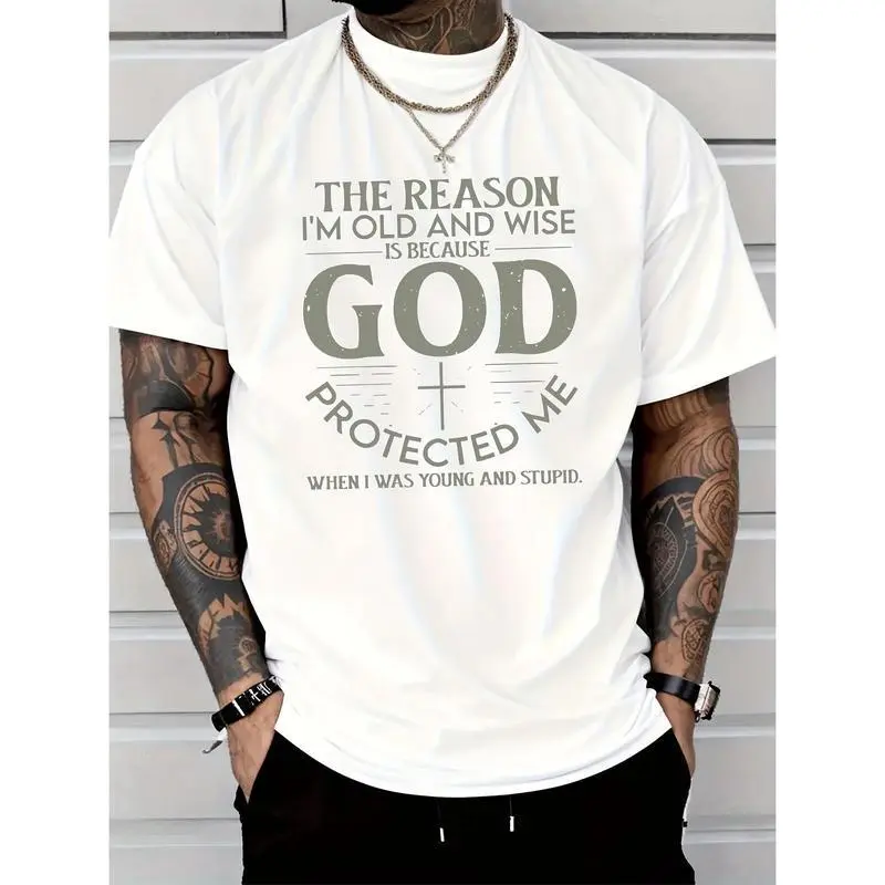 Men's Graphic Tshirt - "God Bless Me" Letter Print, Casual Short-Sleeve Cotton Round-Neck Tee for Summer Everyday Wear