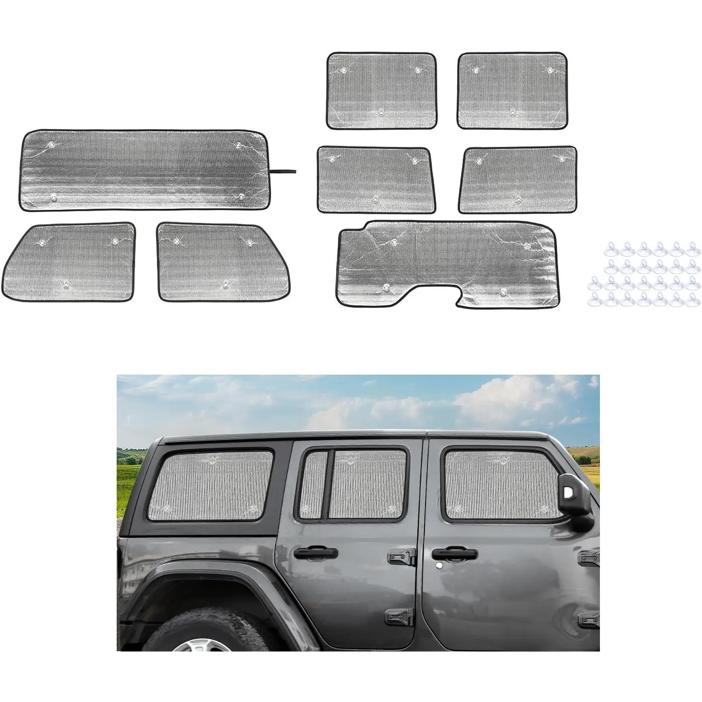 8Pcs Front & Rear Windshield Sunshade Set Fit for 2018–2026 Jeep Wrangler JL JLU & Gladiator JT, Window Sun Shades, UV Protection Sun Visor Cover