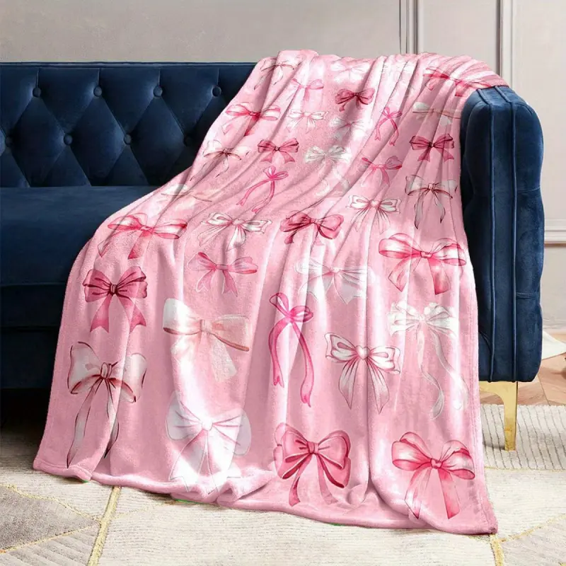 Glam Wrinkle Resistant Cozy Pink Bow Print Flannel Throw Blanket Soft All Season Comfort Ideal for Couch Bed Perfect Gift for Family