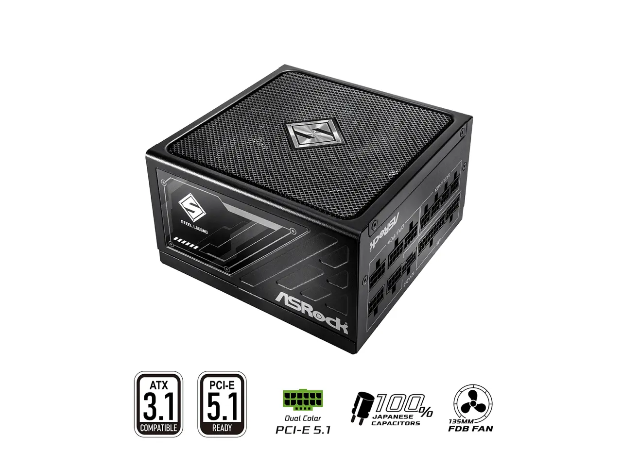 ASRock Steel Legend SL-1000G 1000W 80 PLUS GOLD & Cybenetics PLATINUM Full Modular Power Supply, ATX3.1 & PCIe5.1 Ready with Dual Color 12V-2x6 Cable, 10 Years Warranty