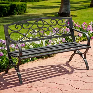 Outdoor Park Bench, Metal Frame Freestanding with Floral Pattern Backrest for Patio, Garden