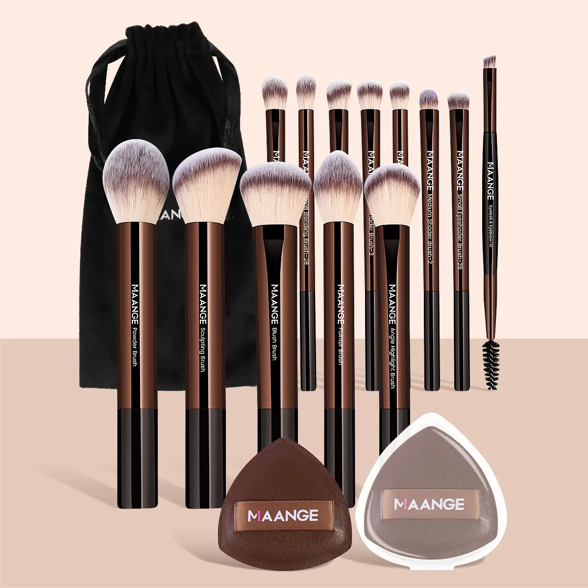 MAANGE Brown Makeup Brush Set With Storage Bag, 13pcs Makeup Brushes & 2 Counts Powder Puff & 1 Count Bag, Professional Makeup Tools for Women, Valentine's Day Gift, Beauty Cosmetics Kits, Coffee Brown Makeup Brushes, Blurring Brush Set#DealsForYouDays
