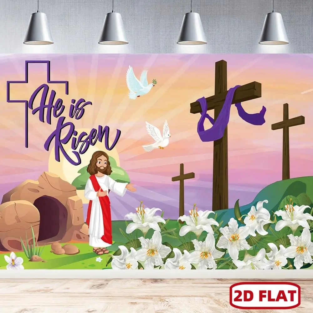 1pc 2D Flat Happy Easter He Is Risen Backdrop Religious Resurrection Background Photo Booth Banner For Easter Day Party Wall Favors Supplies