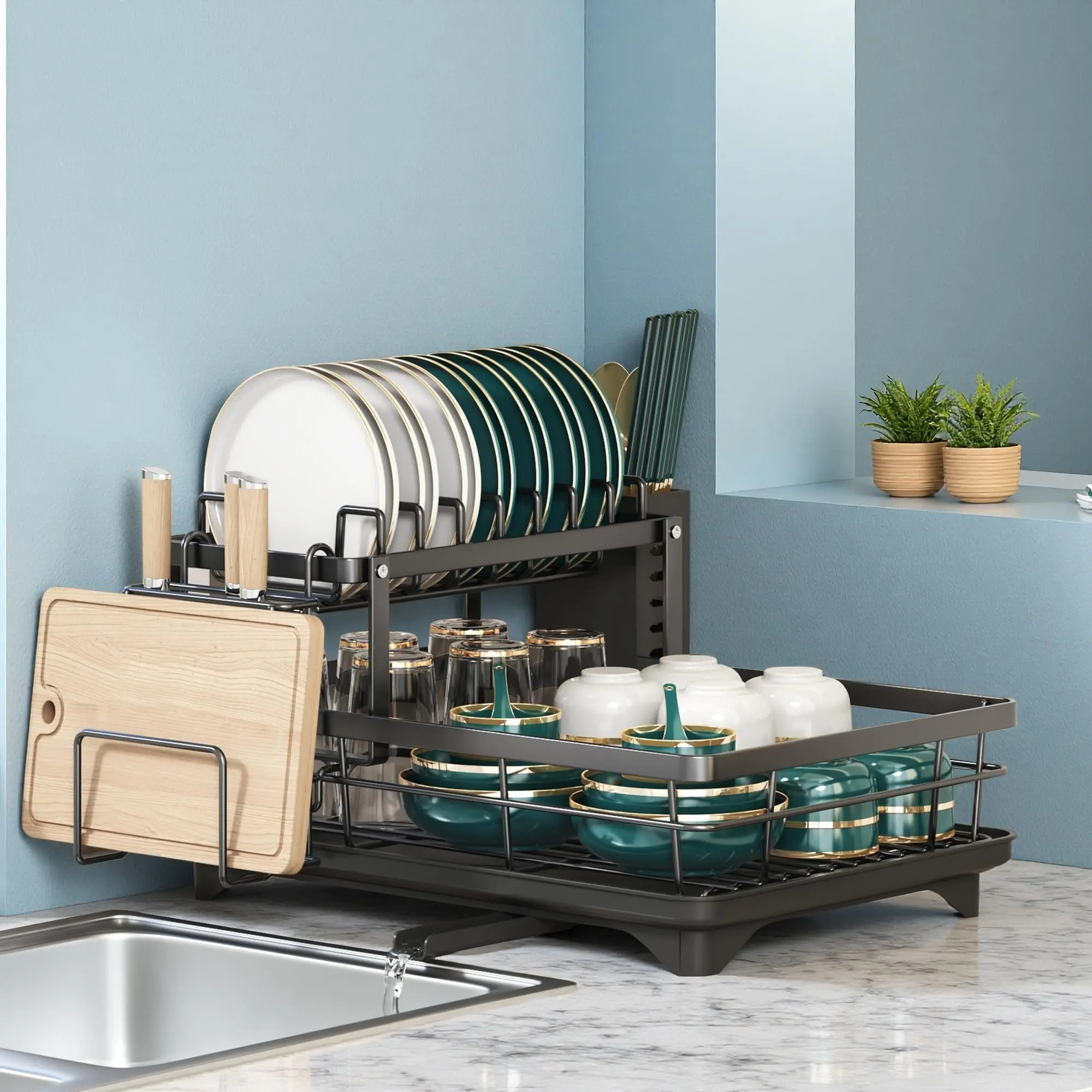Kitchen storage wonder, double-layer large-capacity dish rack, capable of accommodating bowls, plates, and other tableware, comes with a complimentary knife and fork rack, 360° draining tray, and other practical tools