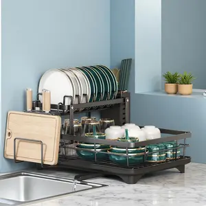 Kitchen storage wonder, double-layer large-capacity dish rack, capable of accommodating bowls, plates, and other tableware, comes with a complimentary knife and fork rack, 360° draining tray, and other practical tools