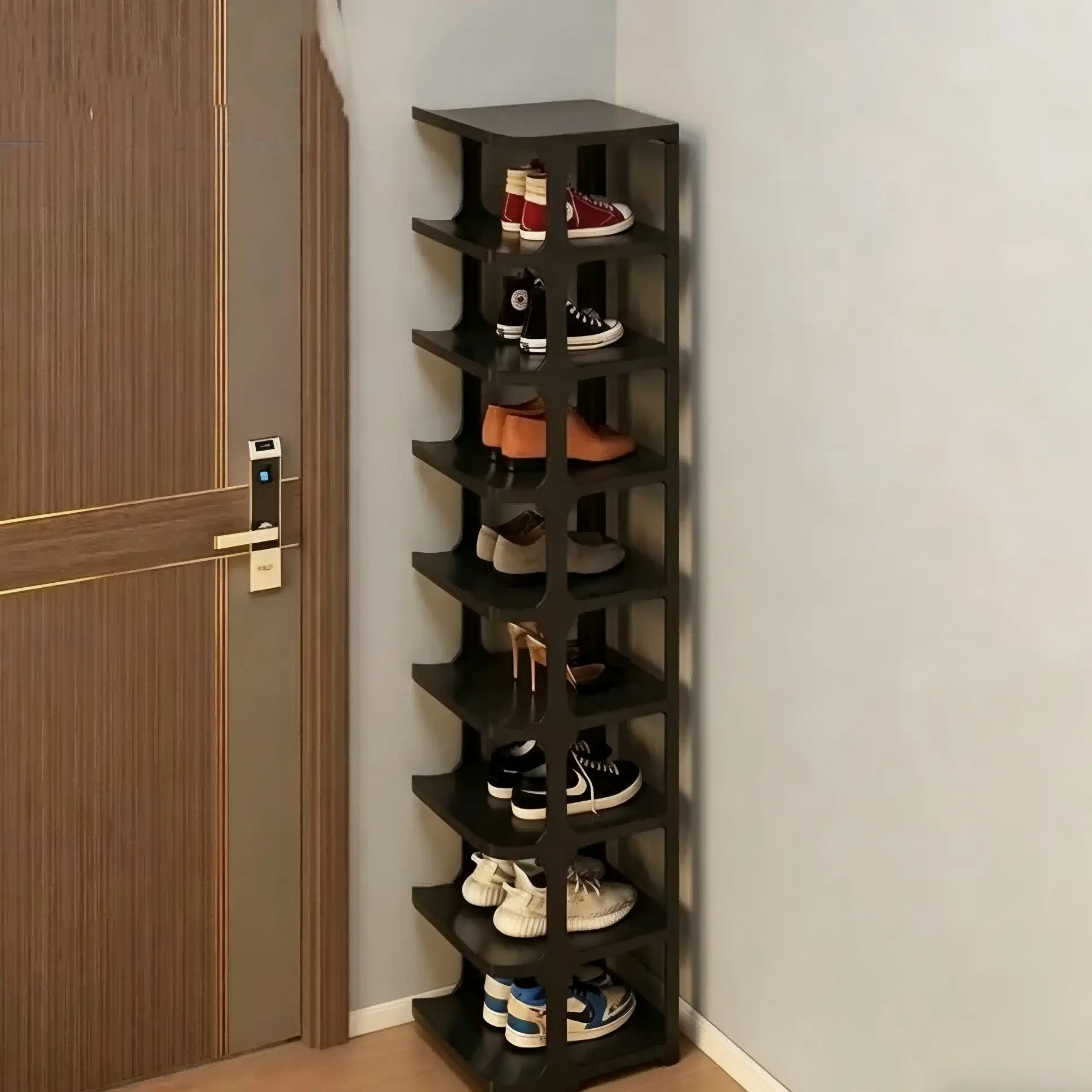 9-Tier Vertical Shoe Storage Shelves, Stackable Plastic Organizer for Closet Organization, Slim Profile Cubby for Organizing Shoes in Small Spaces, Camping, Footwear Storage Solution, Shoe Rack Organizer