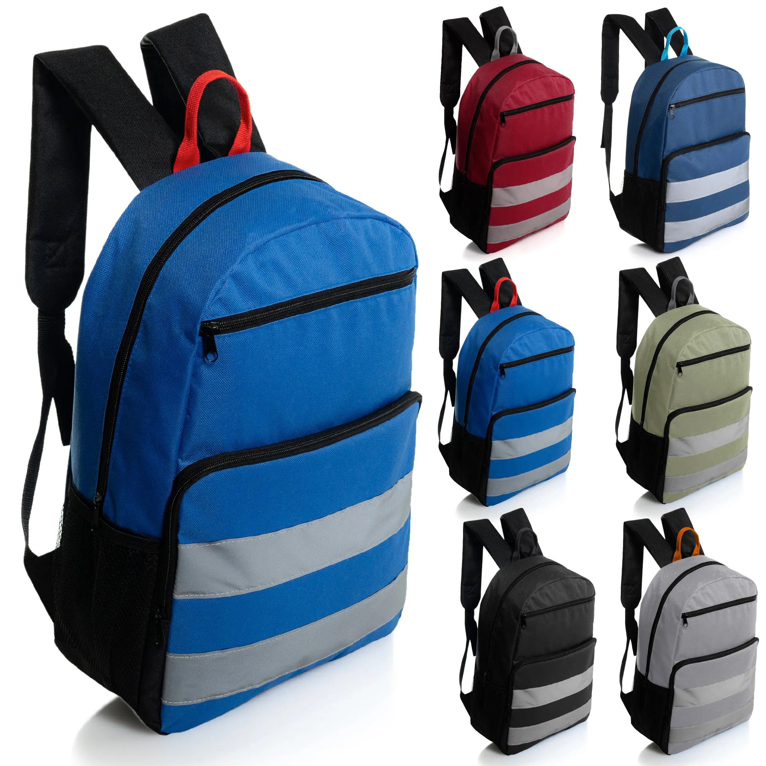 17" Double Reflective Wholesale Backpack in 6 Colors - 2 Side Pockets - Bulk Case of 24 Bookbags