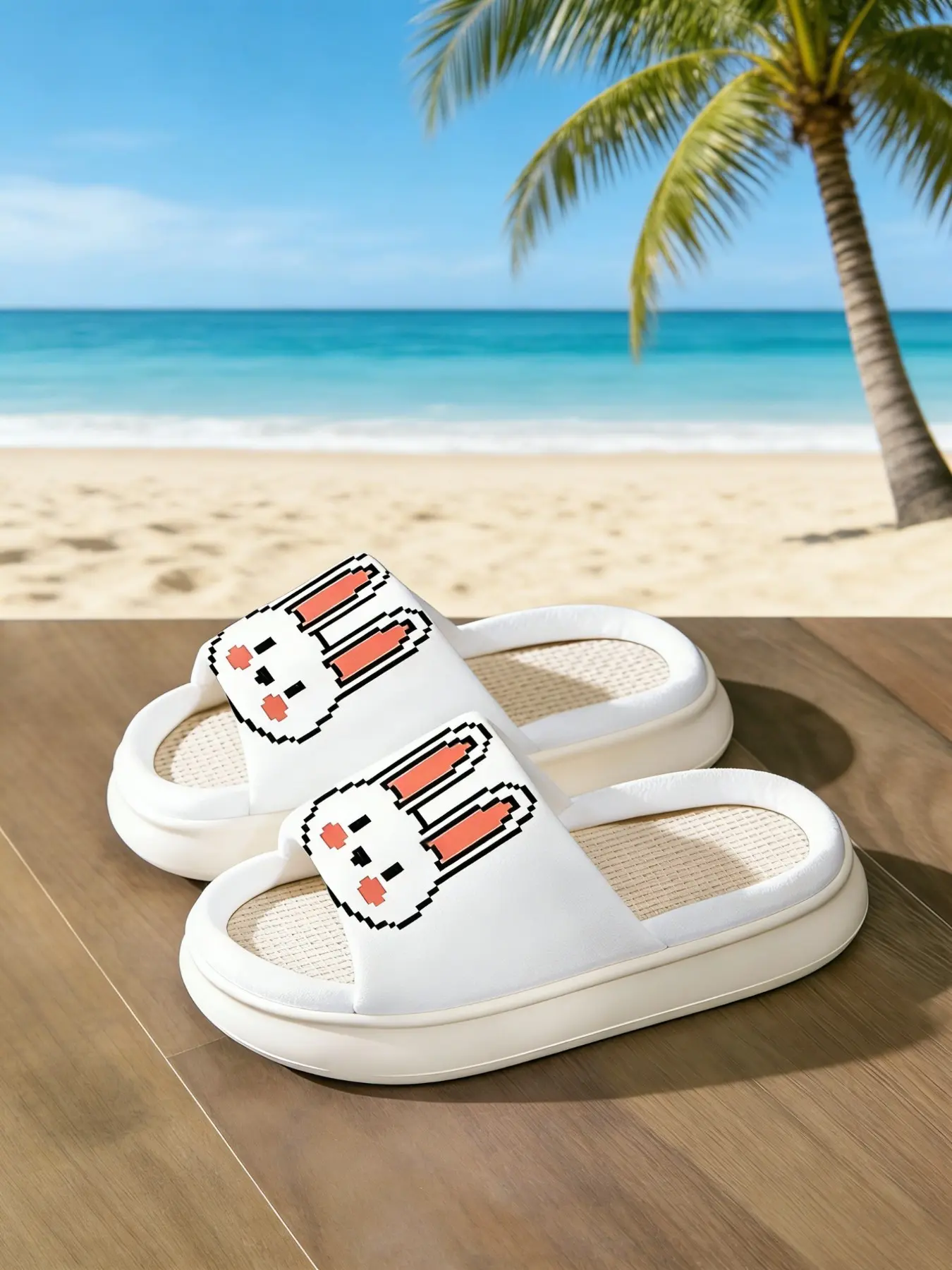 Navy Pixel Rabbit Home Slippers, Waffle Linen Breathable Soft Cute Daily Thick Sole Shoes, Comfortable Indoor Footwear
