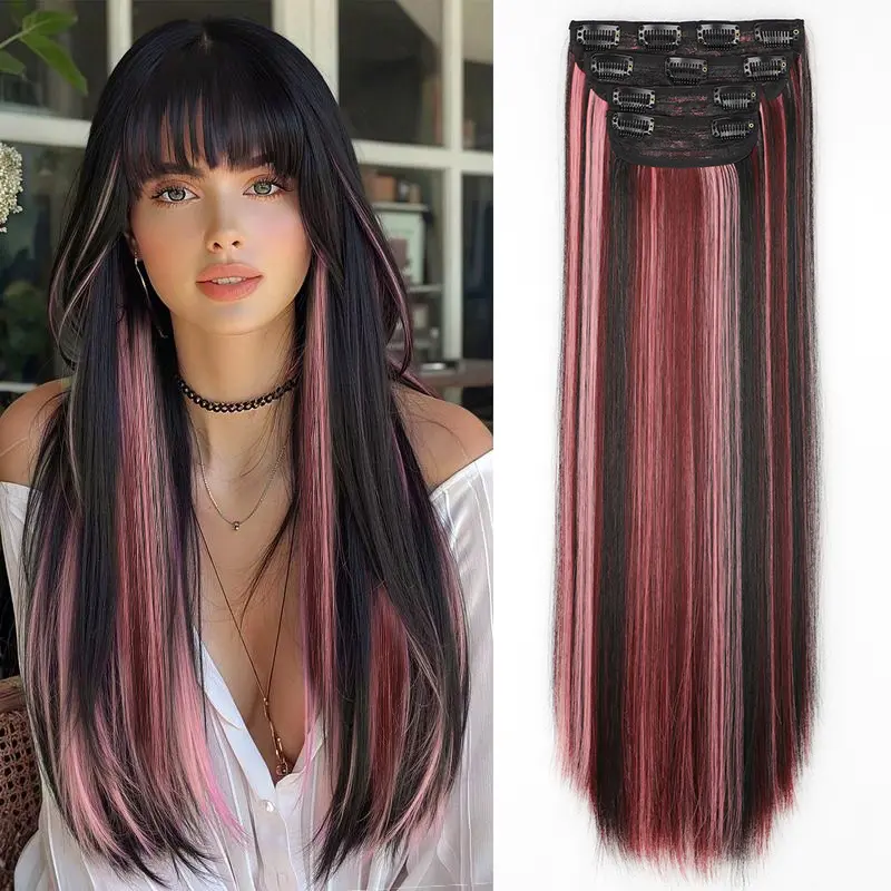 【Colorful】Clip in Long Straight/Wavy Synthetic Hair Extension 20Inch Mix Pink Highlights 4PCS Thick Hairpieces Fiber Double Weft Hair for Women Summervibes Pinkish Purple mix Brown Black