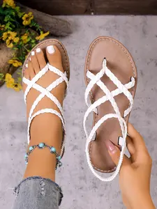 Braided Gladiator Flat Sandals, Boho Style, Bohemian Sandals, PU Leather, PVC Sole, Comfortable Soft Bottom, Versatile Summer Footwear, Casual Summer Footwear, Large Sizes Available
