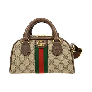 GUCCI Ophidia Mini Bowling Bag with Detachable Strap in Brown Canvas and Leather for Women