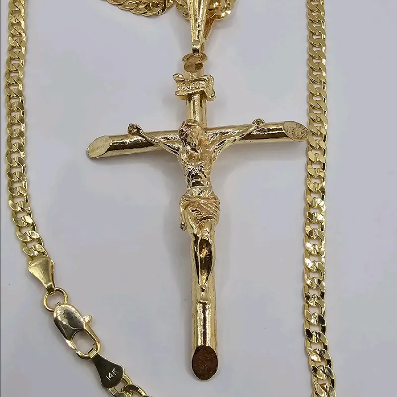 CHRIST ON THE CROSS plain color Cuban link necklace 24"inches gold-plated