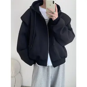 2025 Spring Large Size Double Layer Loose Sweatshirt Men's Hooded Cardigan Jacket Menswear Tops