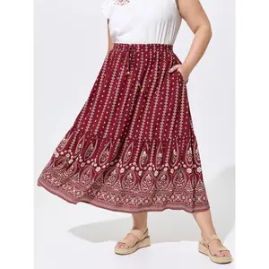 BloomChic Women's Plus Size Midi Skirt, Boho Rayon Skirt with an Ethnic Floral Print, Flattering Summer Fit