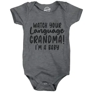 Watch Your Language Grandma I'm A Baby Baby Bodysuit Funny Curse Swearing Infant Jumper Funny Baby Onesies Funny Grandma Onesie Novelty Onesie Dark Grey
