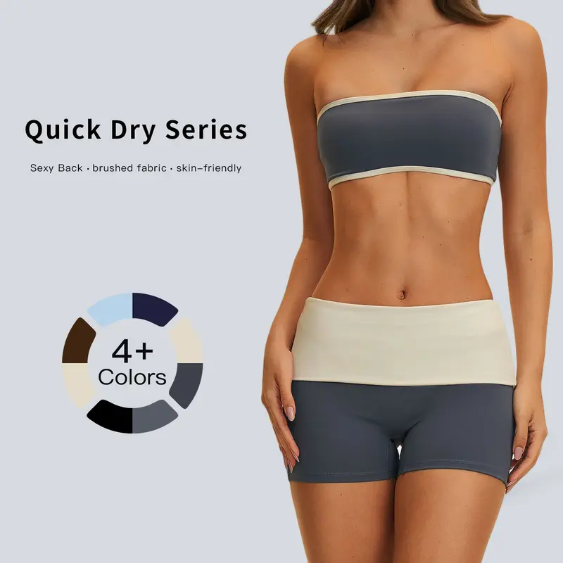 Tenwolf Women’s 2-Piece Casual Sport Y2K Color-Blocked Strapless Sports Set - Nude-Feel High-Waist Shorts, Pilates Gym Workout Matching Set for Outdoor Wear, Two Piece Sets