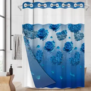 1pc hookless shower curtain with buckle lining, blue background with blue rose floral pattern design, printing, fabric waterproof lining, Shower Curtain Liner, see-through double-layer shower curtain, 71 x 74 inches, modern home curtain