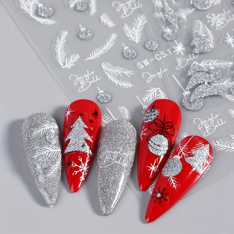 4 Sheets Nail Stickers Snowflake Feather Bell Pattern Self-Adhesive Decals for Christmas New Year Holiday Nail Decorations Women Girls Nail Art Supplies SW-CS113