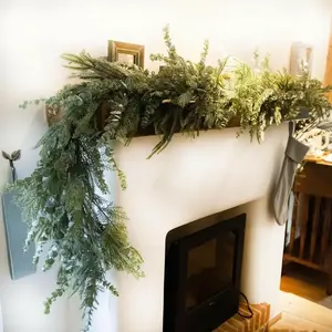 6 Foot Christmas Tree Wreath, Norfolk Island Pine, Artificial Snowy Cedar, Handmade Realistic Faux Fir for Fireplace Mantel Staircase Decor, Modern Elegant Decoration