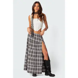 Plaid Side Slit Tiered Maxi Skirt