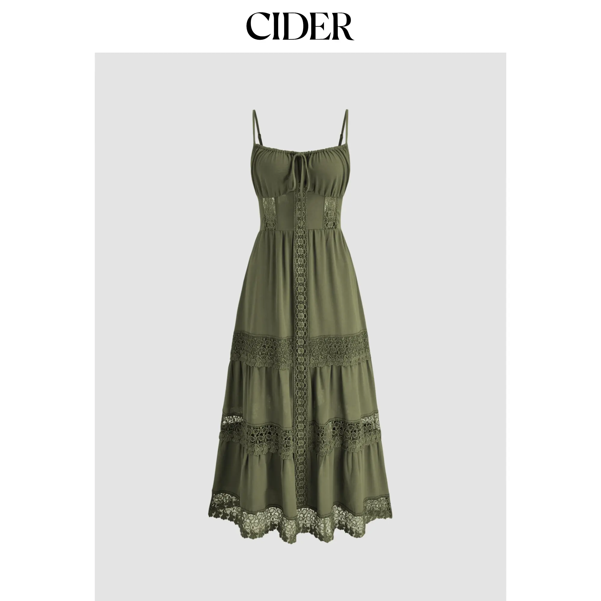 Cider [3 colors, size 0-26] Lace Trim Tiered Cami Maxi Dress
