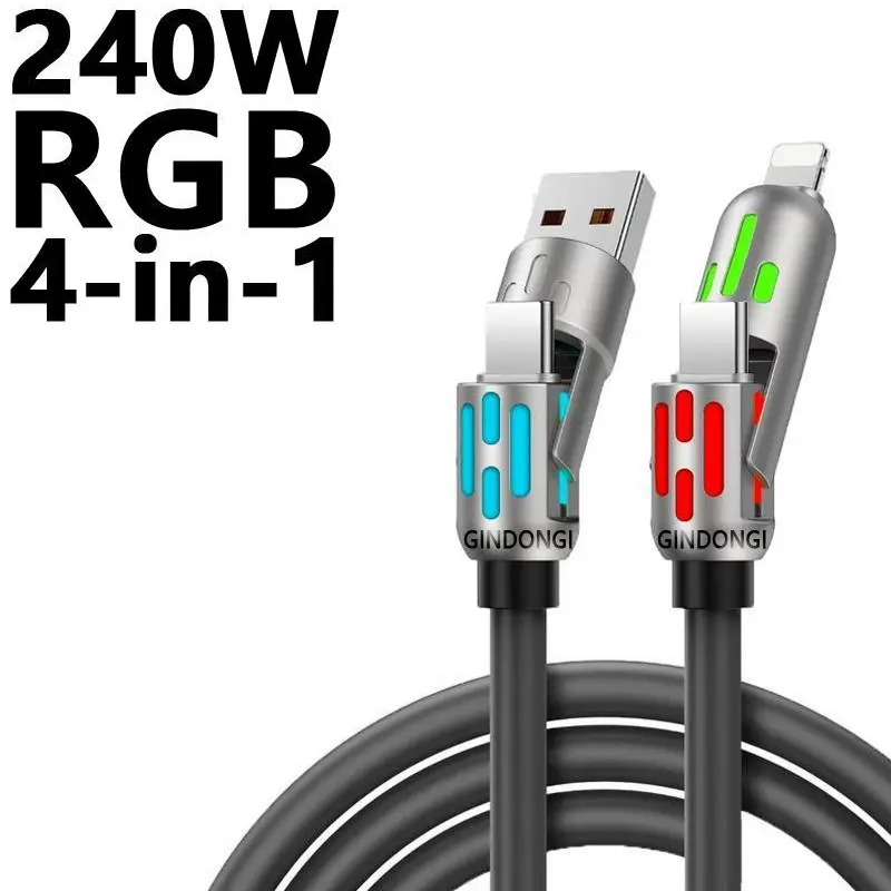 240W High Power 4-in-1 Universal Charging Cable, Multi-Functional Charging Cord with USB A / Type-C / Dual Lightning Ports, Breathing LED Light Design, Fast Charging Wire Compatible with Apple iPhone, Samsung, Google and All Android Phones