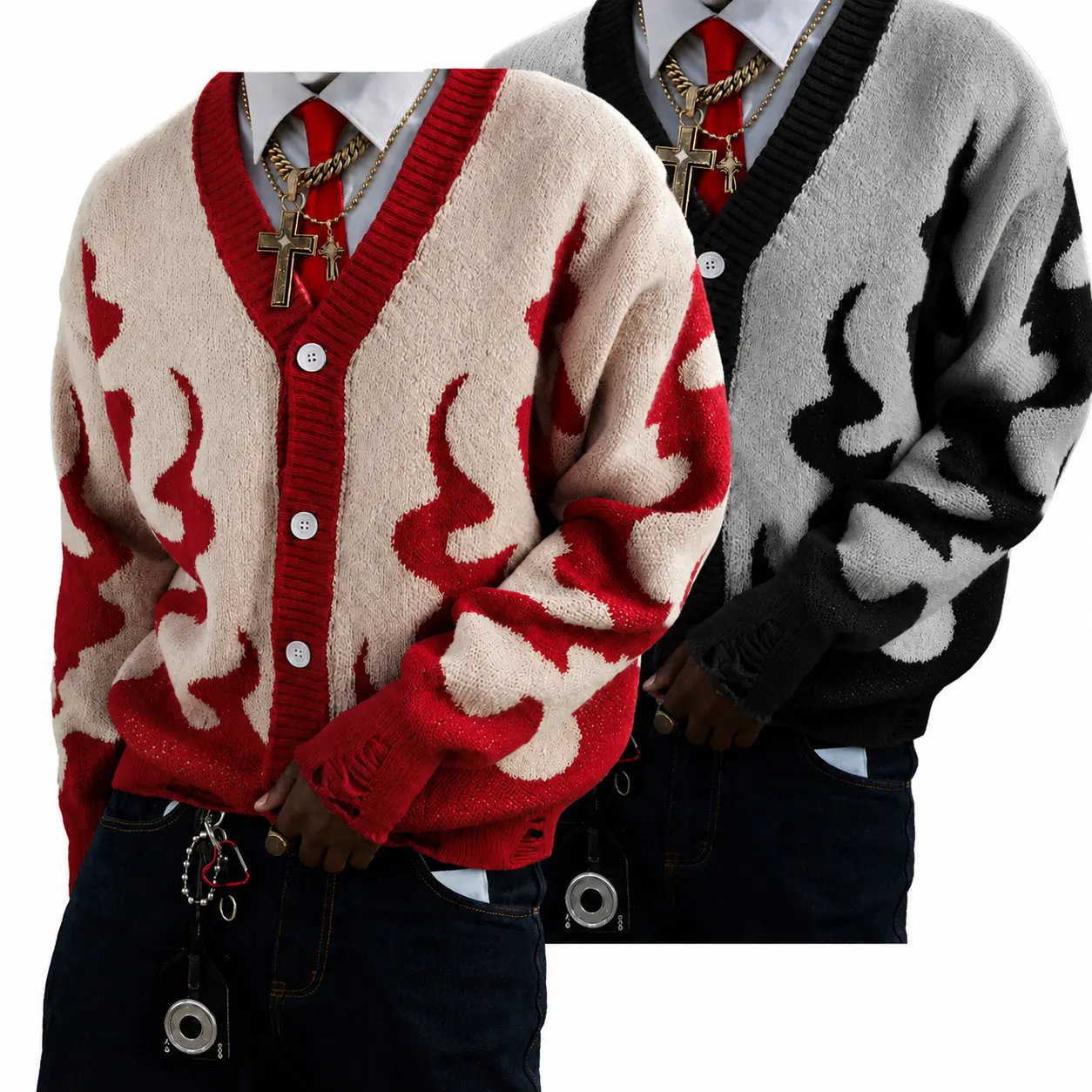2pack Mens Y2K Red Flame Graphic Cardigan Sweater Distressed Grunge Streetwear Knit V-Neck Button Up Vintage Retro Knitwear Alt Opium Hip Hop Oversized Fall Winter Sweaters For Men Ripped Frayed Hem Unisex S-XXL Menswear Pullover Tops Fashion