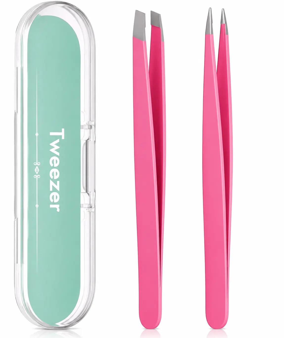 Tweezers for Women Facial Hair, Slant & Pointed Tweezers for Eyebrows, Ingrown Hair, Splinter Removal, 2 Pack Tweezer Set, Pink